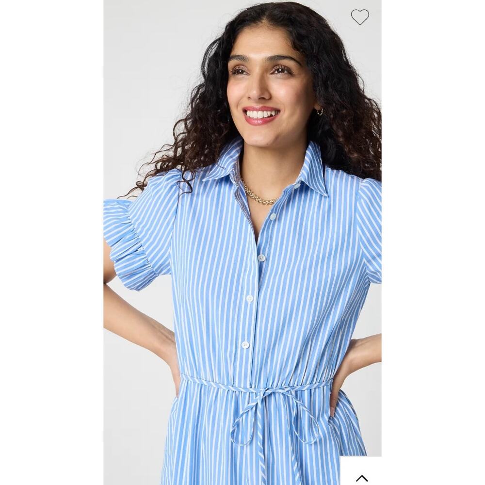 New! J. Crew Factory Striped Ruffle-Sleeve Shirt-Dress Sail Blue Sz S ## - Picture 2 of 6